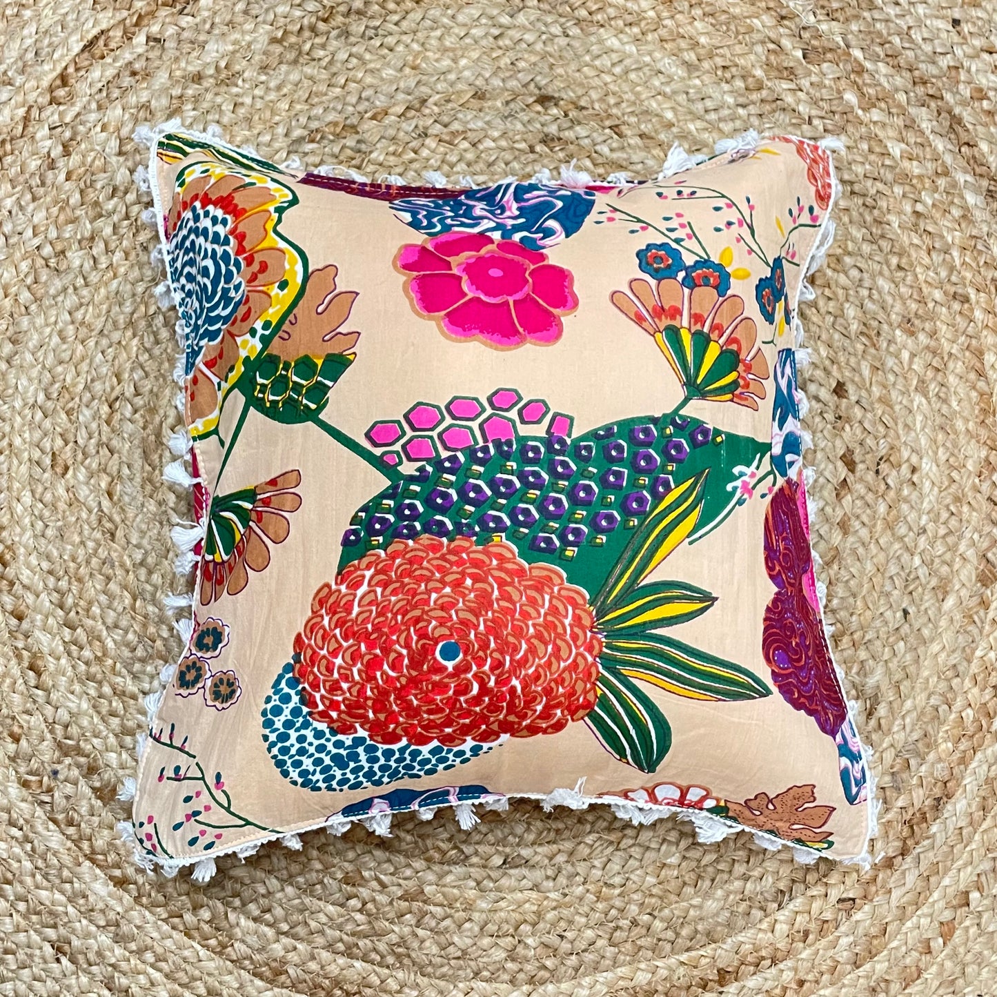 Multicolour Flower Print Pure Cotton Cushion Cover With White Lace