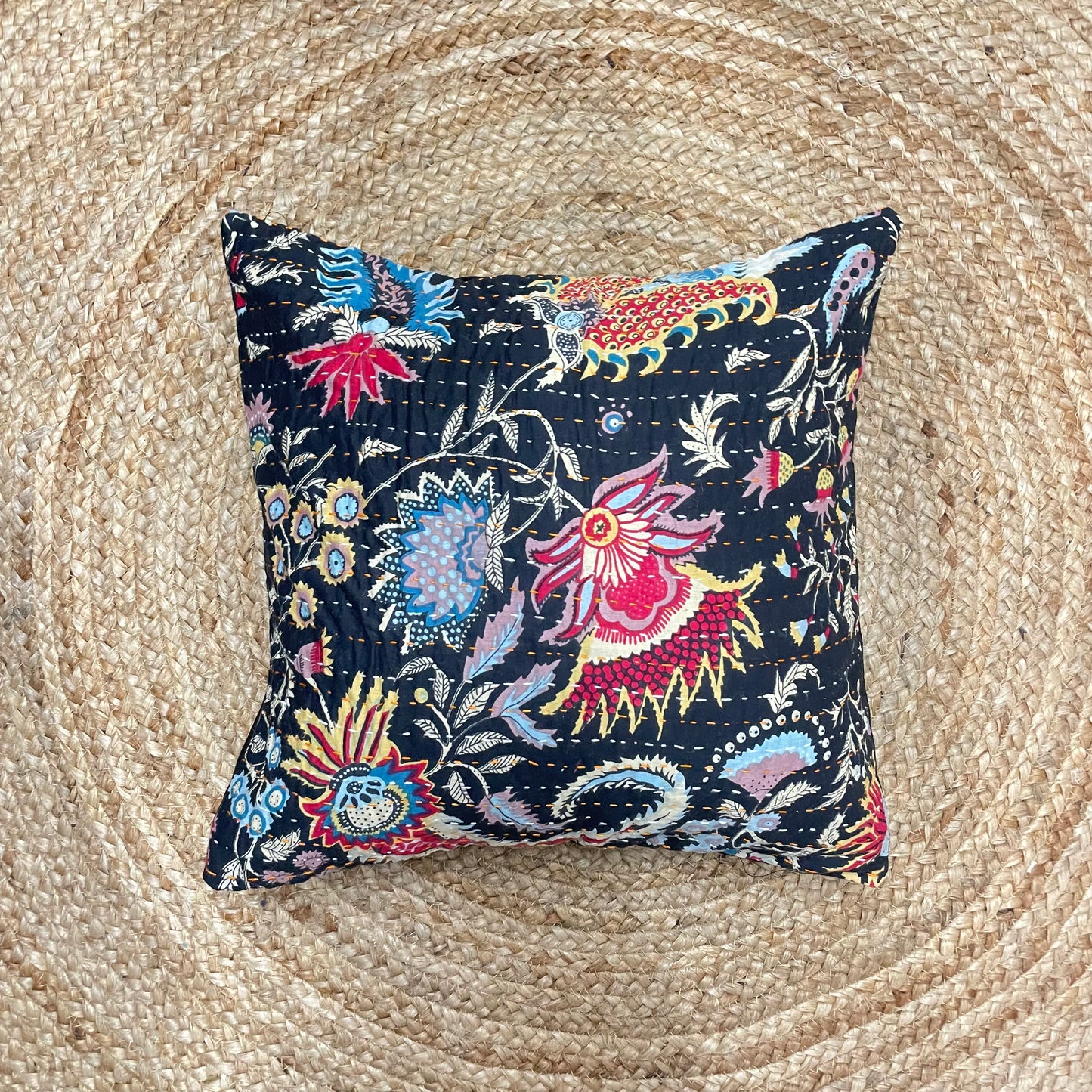 Black Floral Kantha Work Cushion Cover