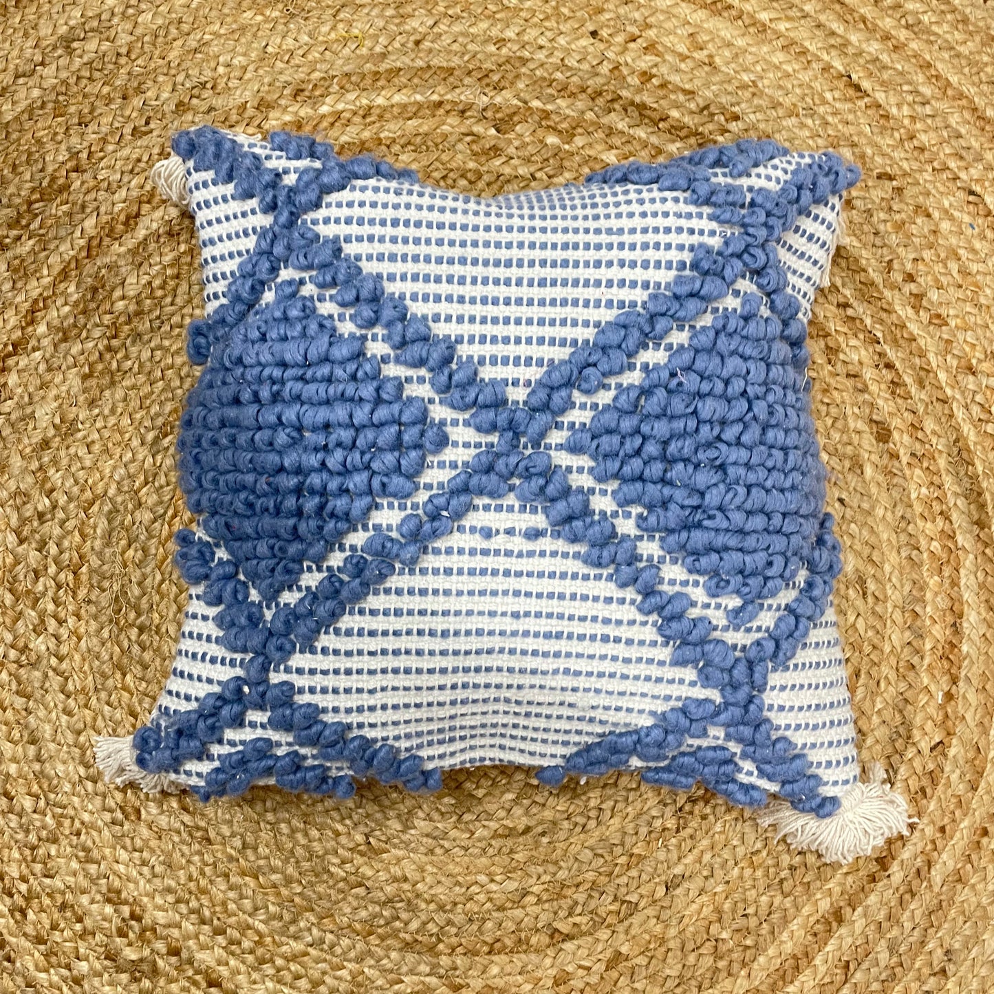 Boho Style Blue And White Handcrafted Cushion Cover with Tassels