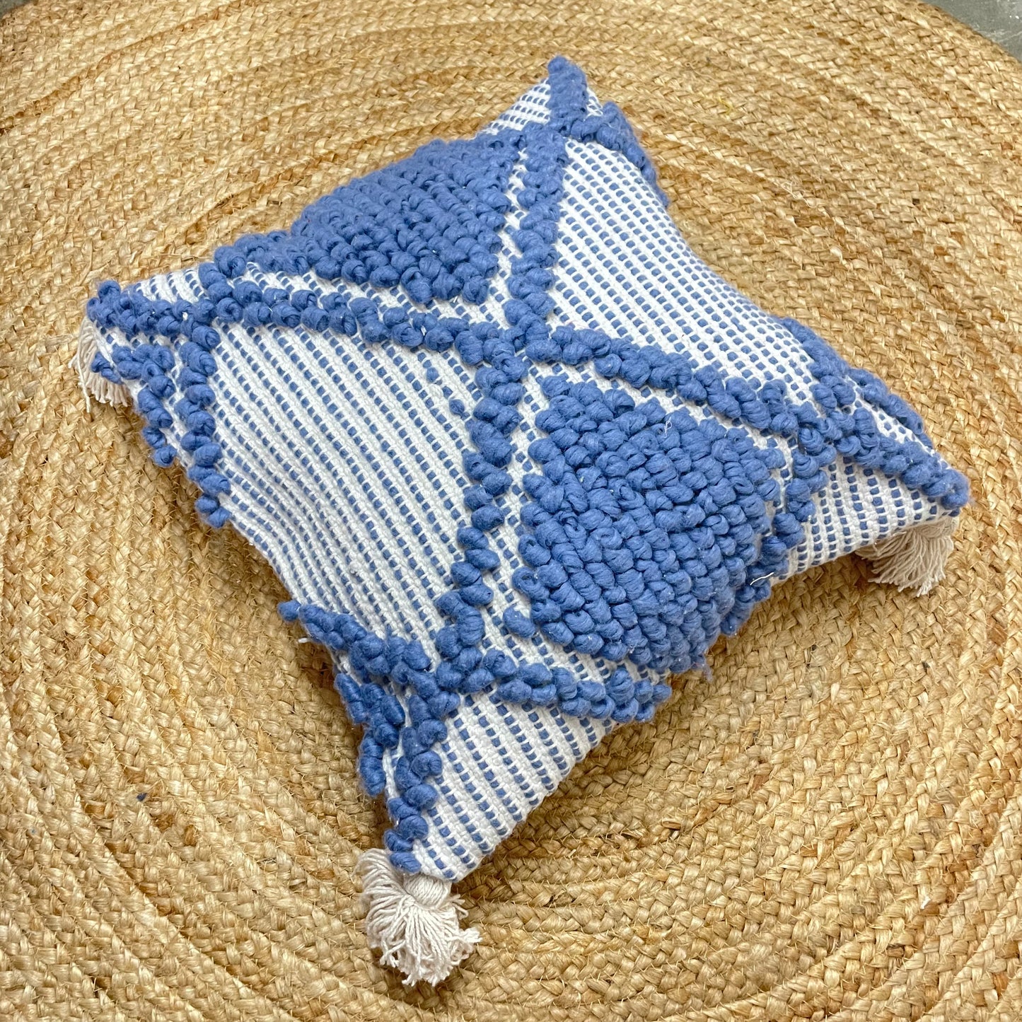 Boho Style Blue And White Handcrafted Cushion Cover with Tassels