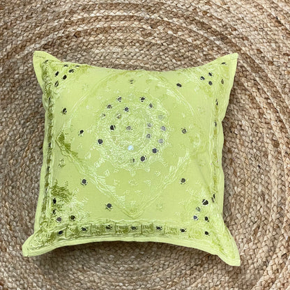 Pista Green Mirror Work Cushion Cover