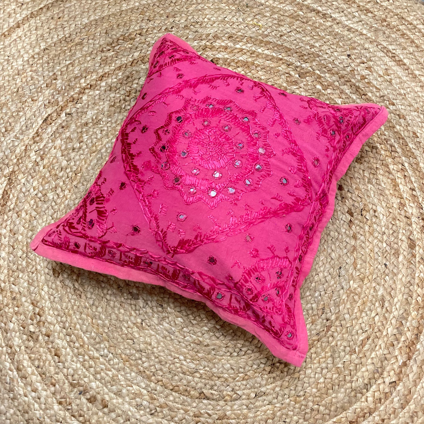 Pink Mirror Work Cushion Cover