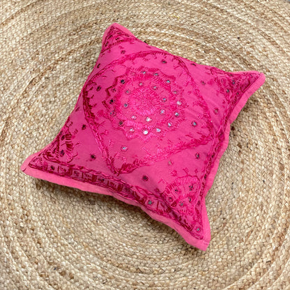 Pink Mirror Work Cushion Cover