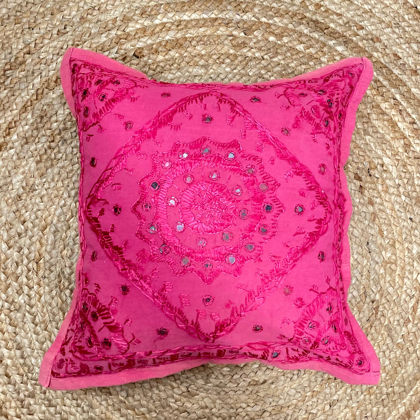 Pink Mirror Work Cushion Cover