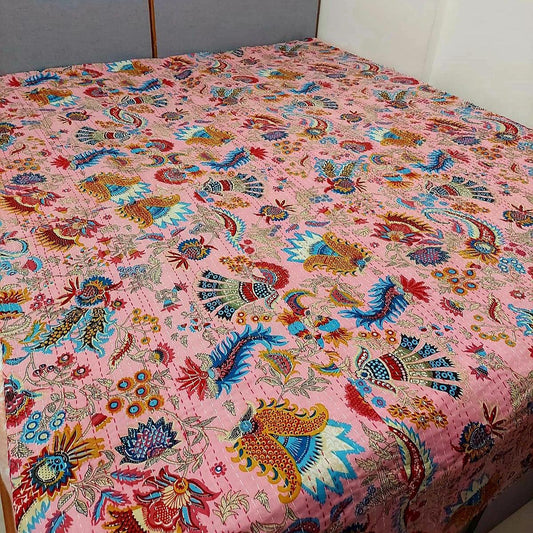 Multicolour Kantha Work Floral Single Bedcover