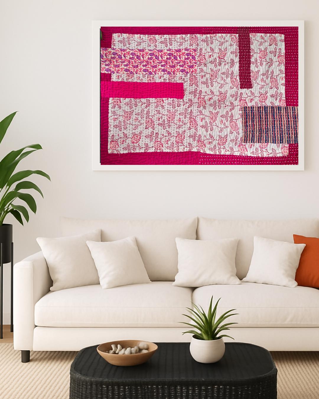 Red Patchwork Kantha Wall Frame – Boho Art with Traditional Motifs | Varsaca