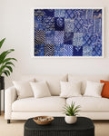 Indigo Patchwork Kantha Wall Frame – Boho Art with Traditional Wave Motif