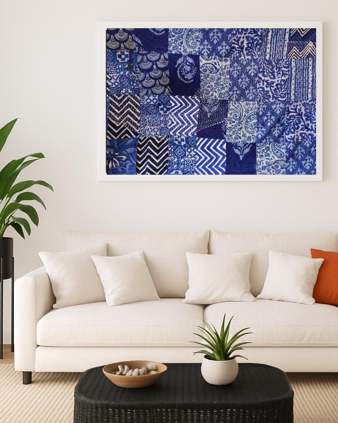 Indigo Patchwork Kantha Wall Frame – Boho Art with Traditional Wave Motif