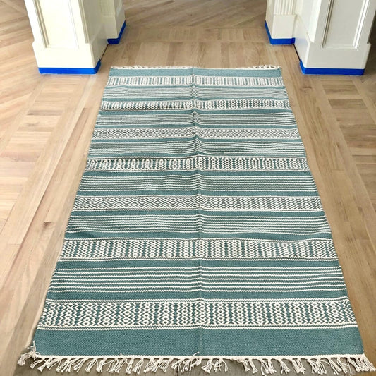 3x5.25 ft Sea Green And White Diamond and Rows Pattern Cotton Rug with Tassels – Handwoven Dhurrie