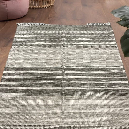 Gray and White Stripe Cotton Rug with Tassels – Handwoven Dhurrie (3.20x4.80 ft)