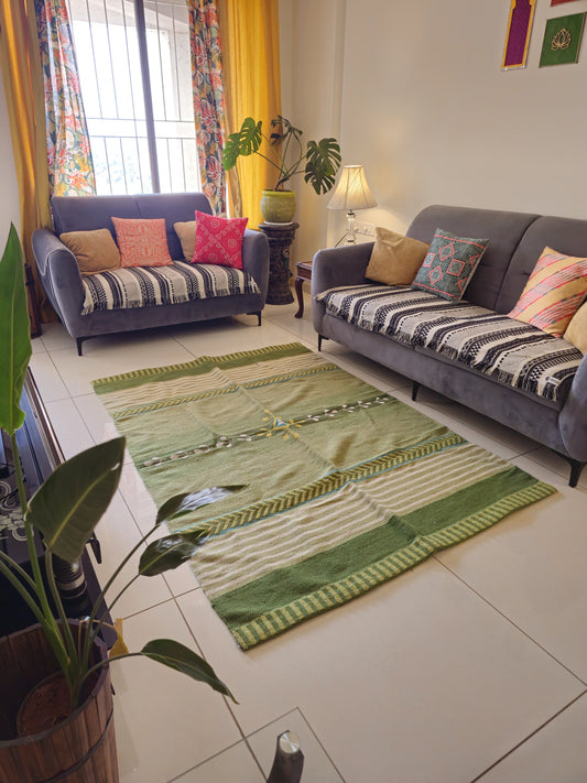 Pista Green Woollen Rug – 7x5 ft Striped Pattern Carpet for Living Room