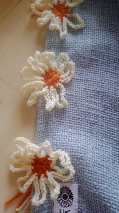 Sky Blue Jute-Cotton Sofa Cover | Hand-Crocheted White & Orange Woolen Flower Border Throw