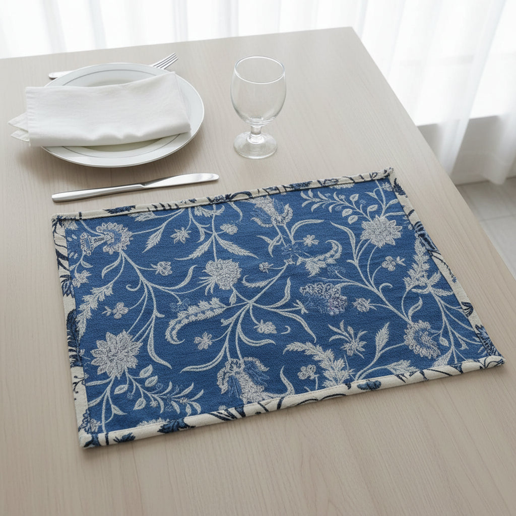 White & Blue Floral Handloom Dining Mats | Pure Handloom Cotton