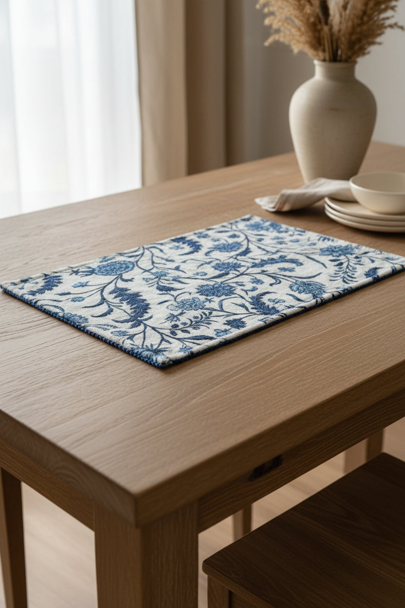 White & Blue Floral Handloom Dining Mats | Pure Handloom Cotton