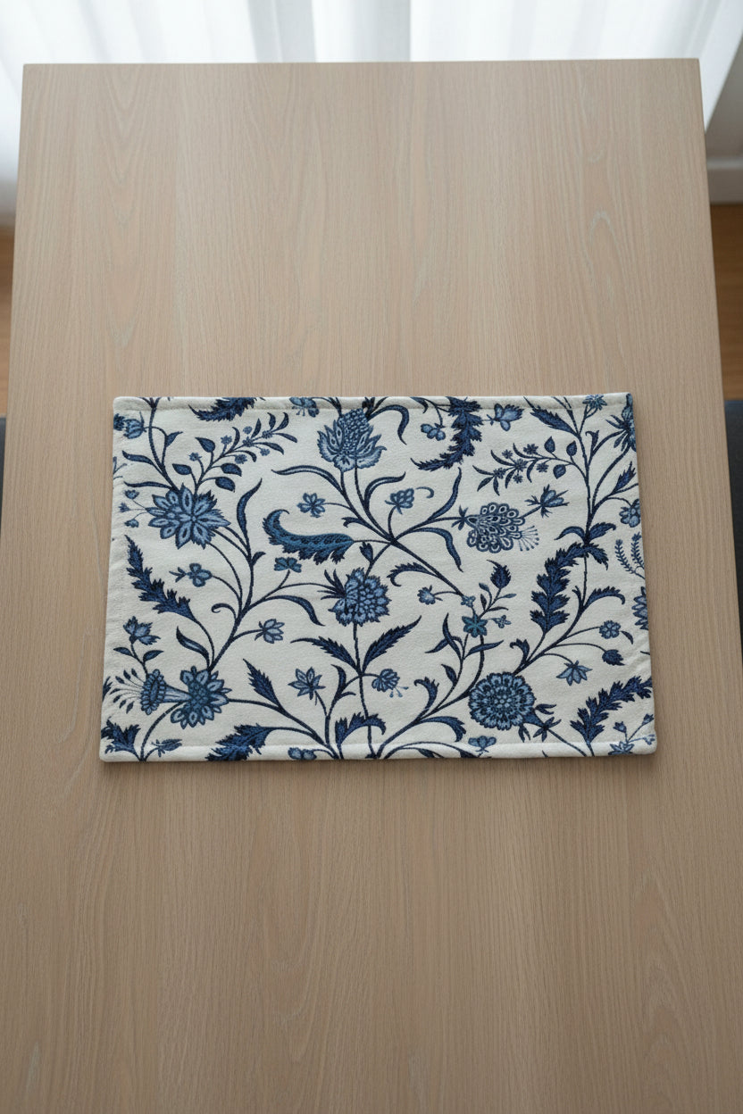 White & Blue Floral Handloom Dining Mats | Pure Handloom Cotton
