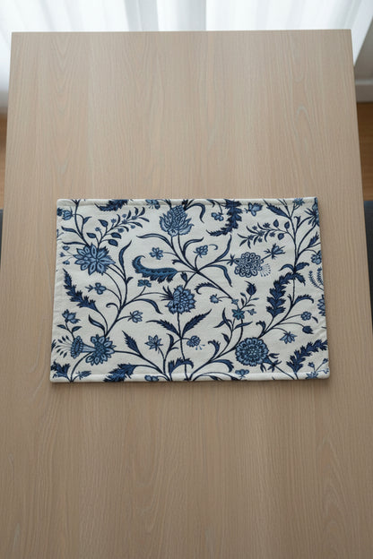 White & Blue Floral Handloom Dining Mats | Pure Handloom Cotton