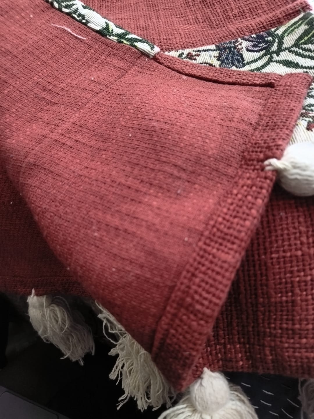 Handcrafted Jute Cotton Patchwork Sofa Cover & Runner | Terracotta Red & Floral Strip with Tassels