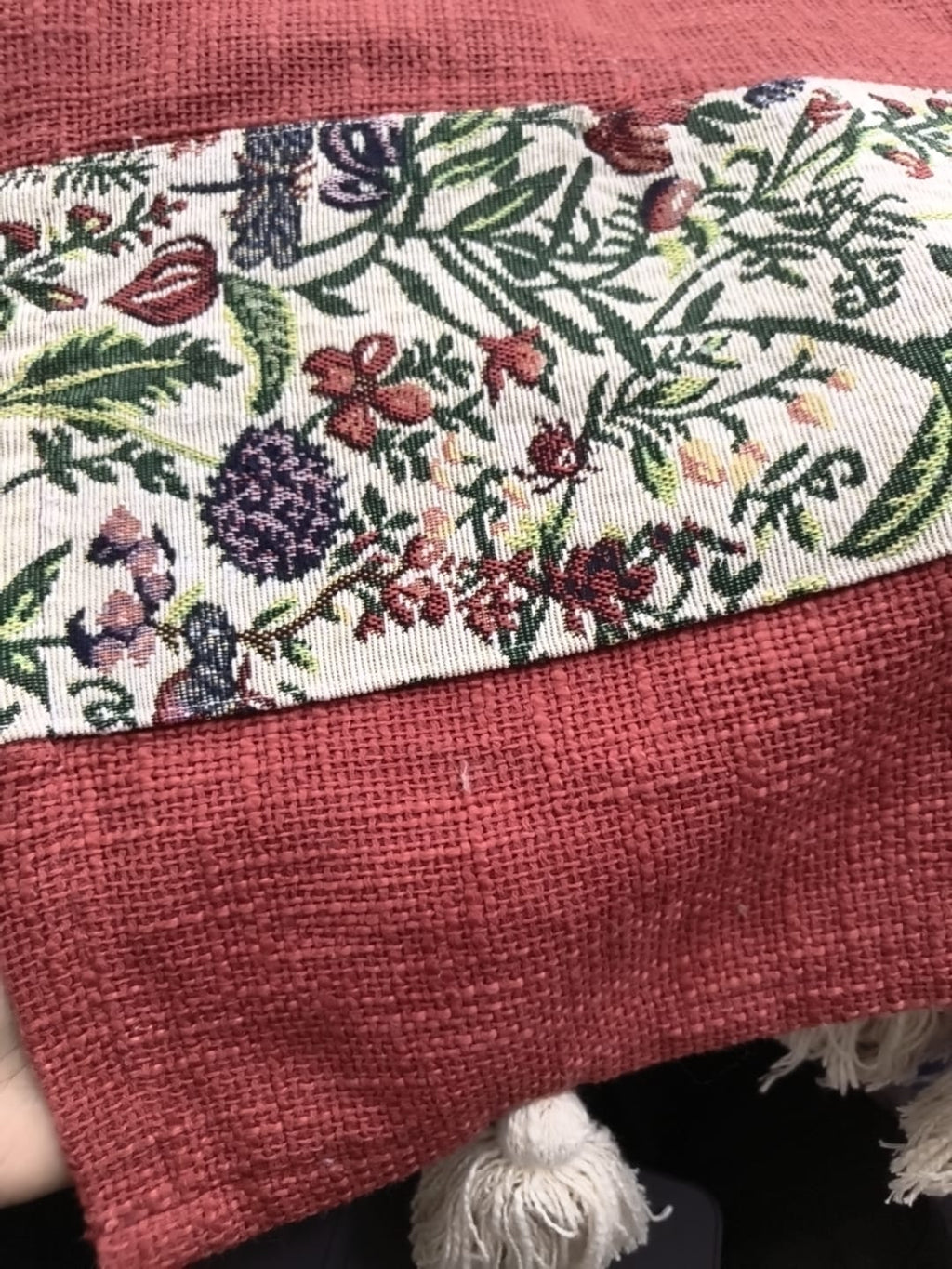 Handcrafted Jute Cotton Patchwork Sofa Cover & Runner | Terracotta Red & Floral Strip with Tassels
