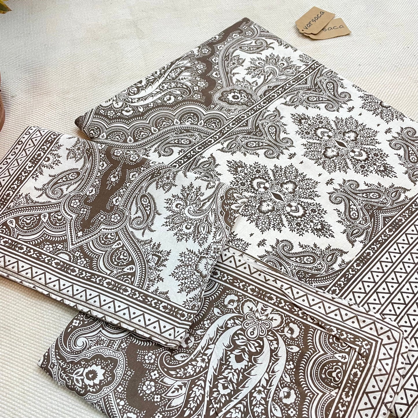 Brown and White Floral Paisley printed King Size Bedsheet With Printed Border