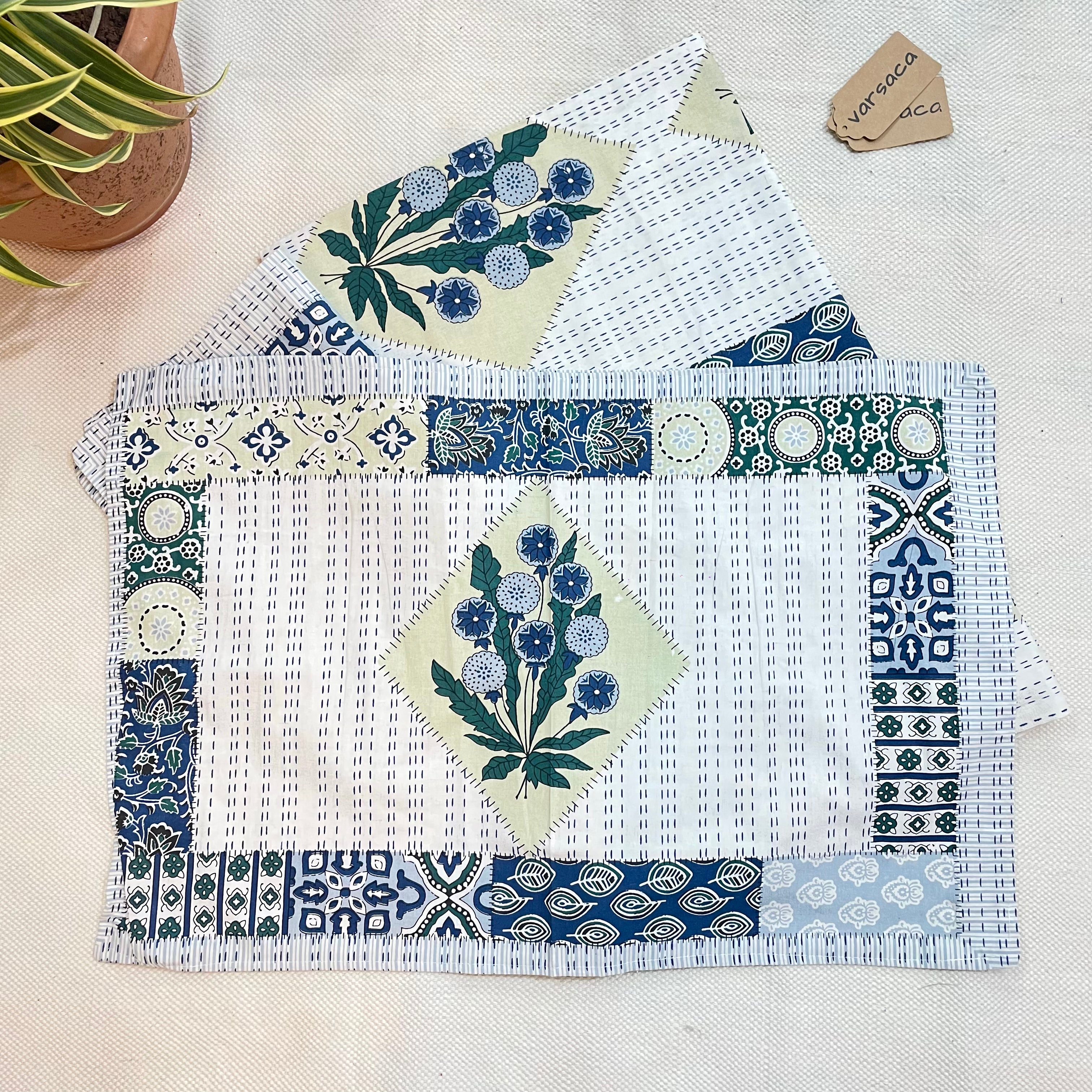 White Jaipuri Cotton King Size Bedsheet – Blue, Yellow & Green Floral Motifs with Kantha-Inspired Printed Stitch & Geometric Patch Details (90x108") + Pillow Covers