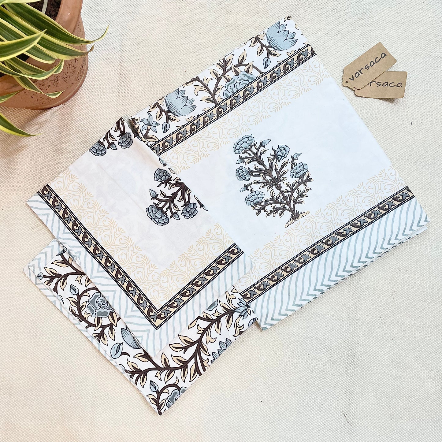 Hand Block Print Pure Cotton Brown And White Single Size Bed Sheet With Two Pillow Covers