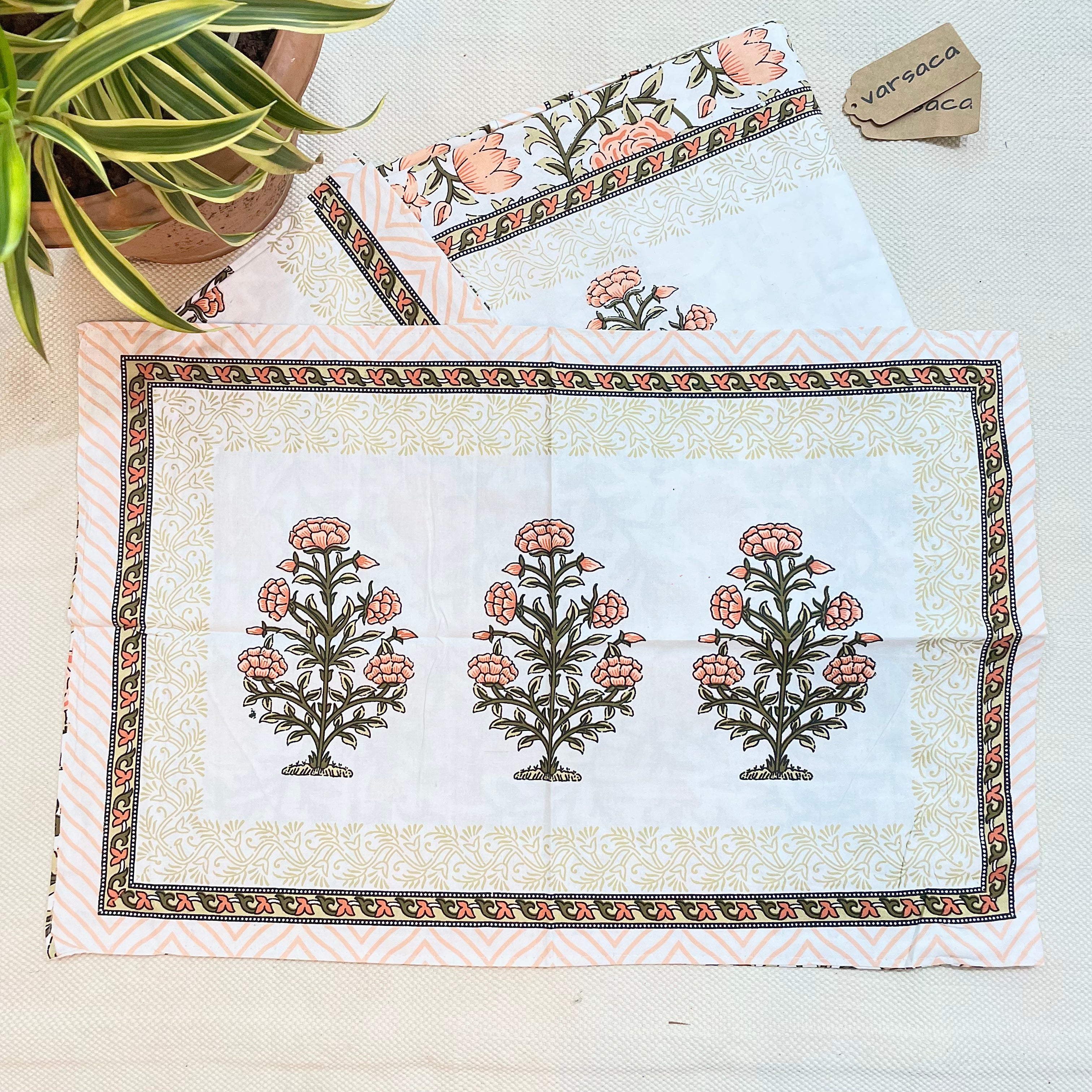 Hand Block Print Pure Cotton Orange And White Single Size Bed Sheet With Two Pillow Covers
