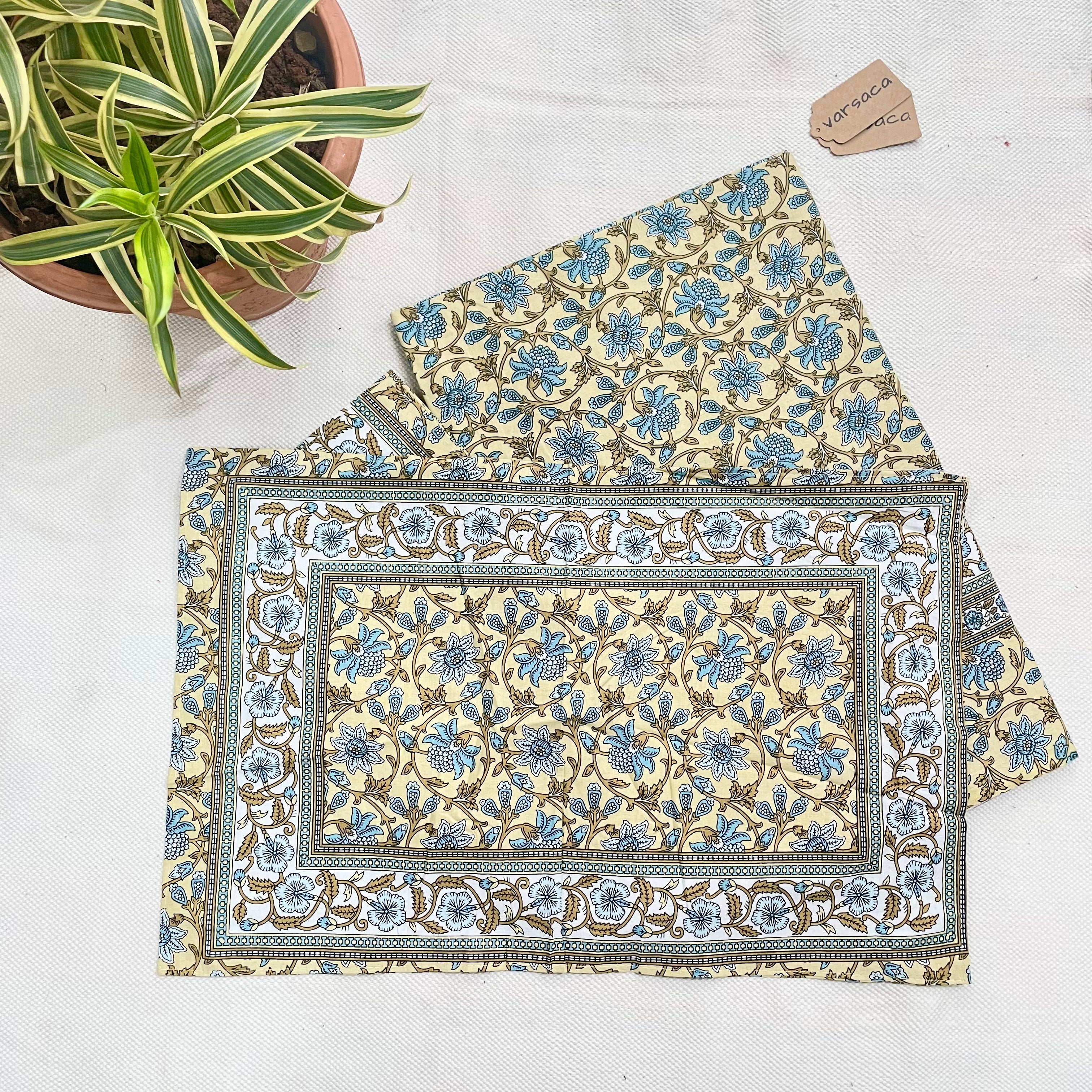 Yellow and Blue Floral Printed King Size Bedsheet With Printed Border