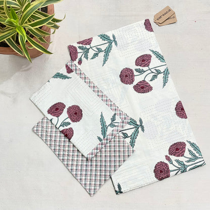 Magenta-White Hand Block Printed King Size Bedsheet With Printed Border