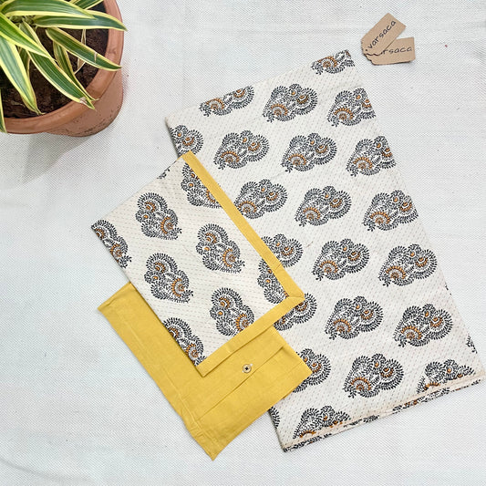 Yellow-White Geometric Print King Size Bedsheet With Yellow Color Border