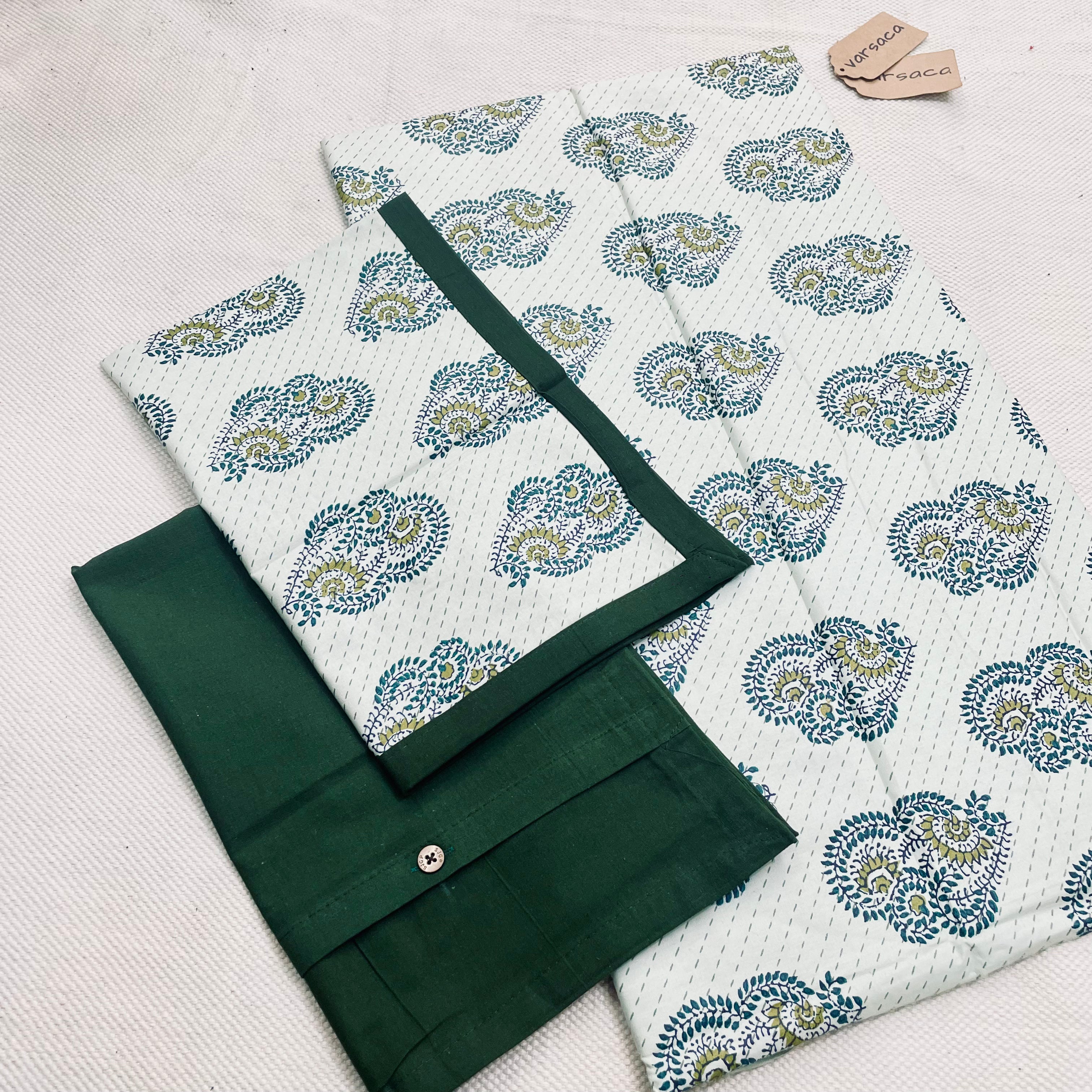 Green-White Geometric Print King Size Bedsheet With Yellow Color Border