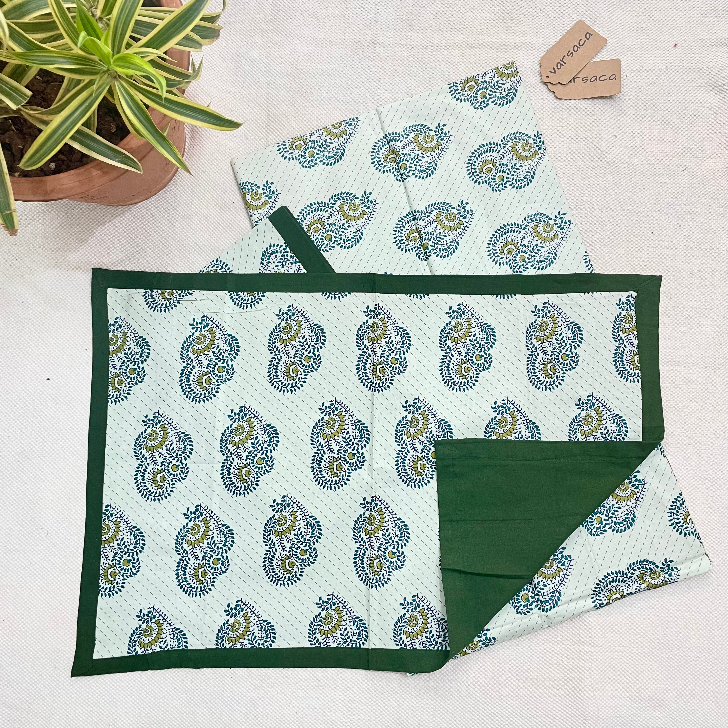 Green-White Geometric Print King Size Bedsheet With Yellow Color Border