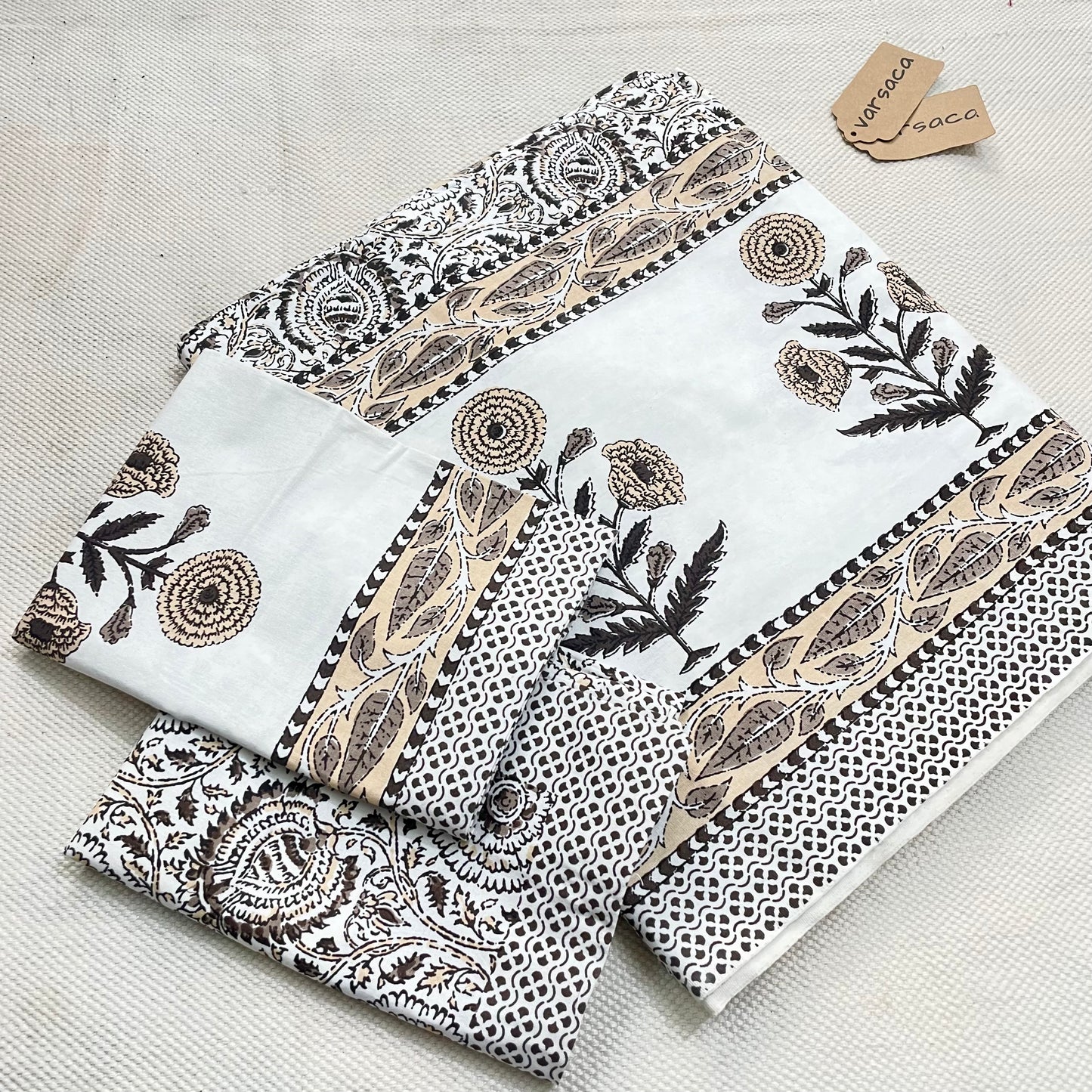 Hand Block Print Pure Cotton White And Brown Floral Print King Size Bed Sheet