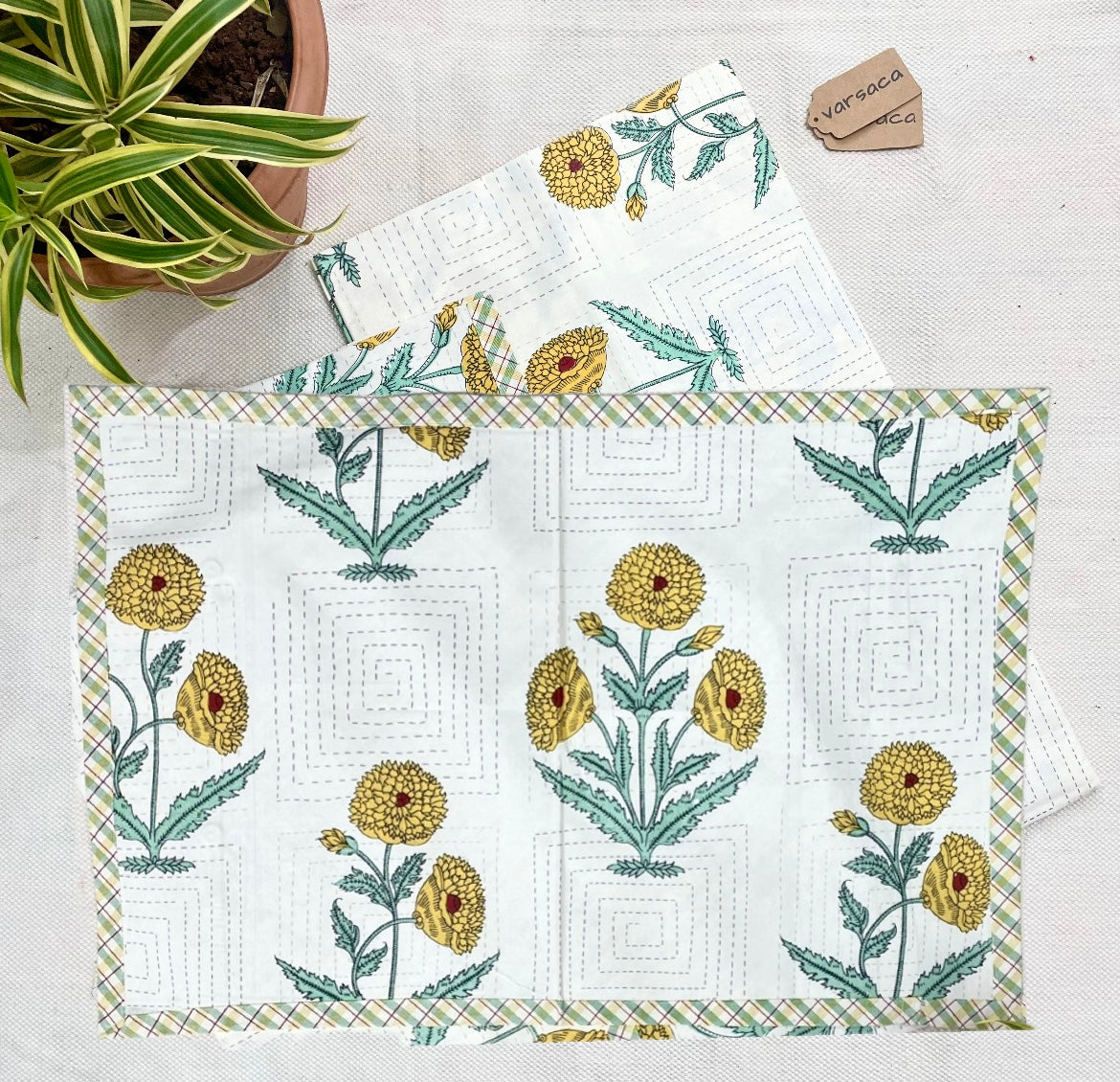 Yellow-White Hand Block Printed King Size Bedsheet With Printed Border