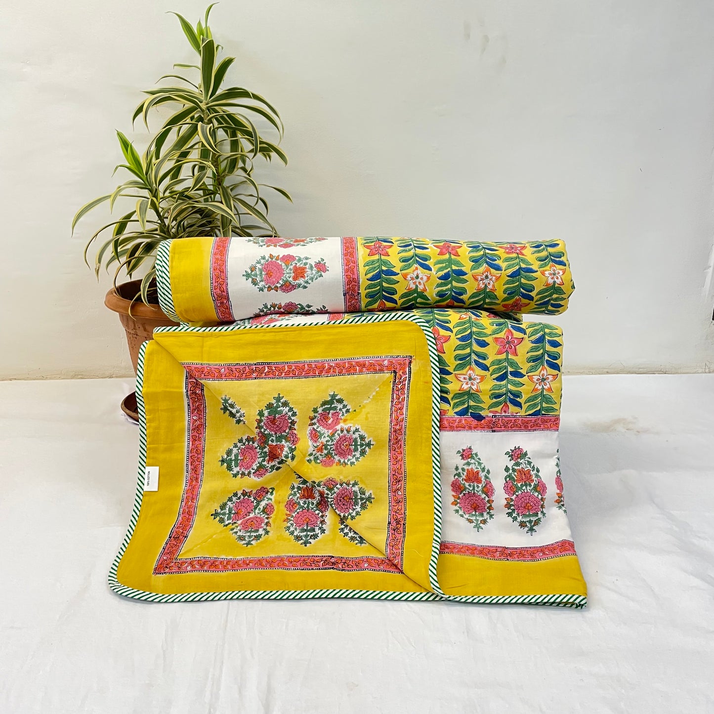 Yellow And Green Floral Print Pure Cotton Reversible Dohar King Size