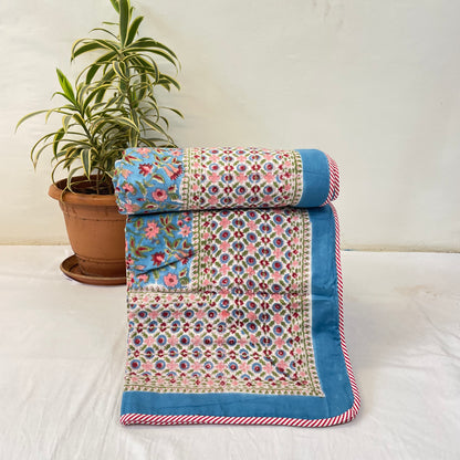 Blue And Pink  Floral Print Pure Cotton Reversible Dohar Single Bed Size