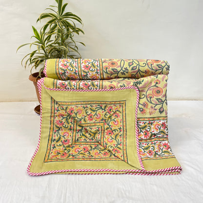 Yellow Floral Print Pure Cotton Reversible Dohar King Size