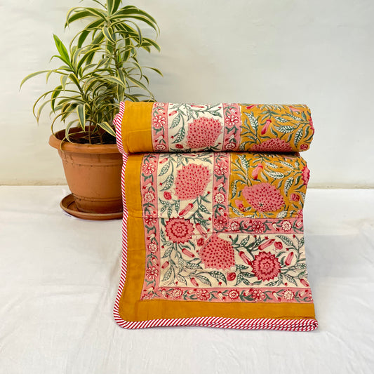 Mustard Yellow Floral Print Pure Cotton Reversible Dohar Single Bed Size