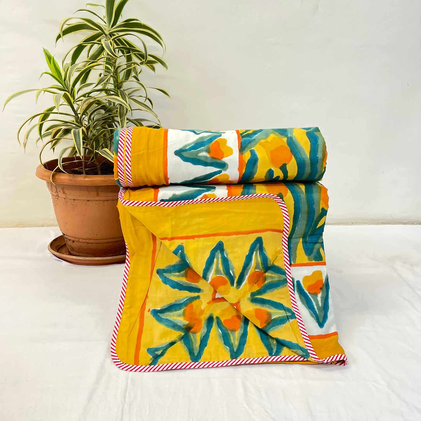 Yellow And Green Abstract Print Pure Cotton Reversible Dohar Single Bed Size