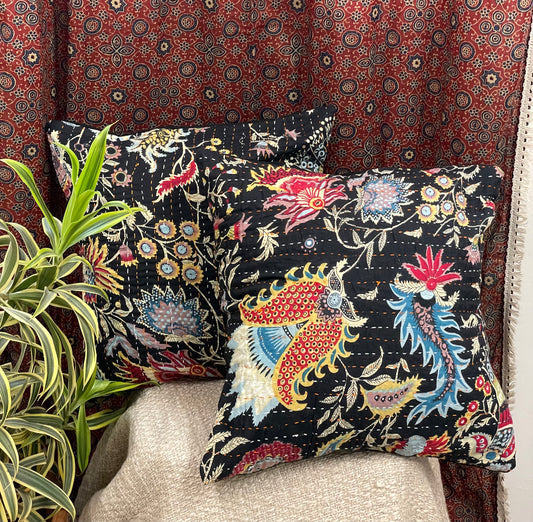 Black Floral Kantha Work Cushion Cover