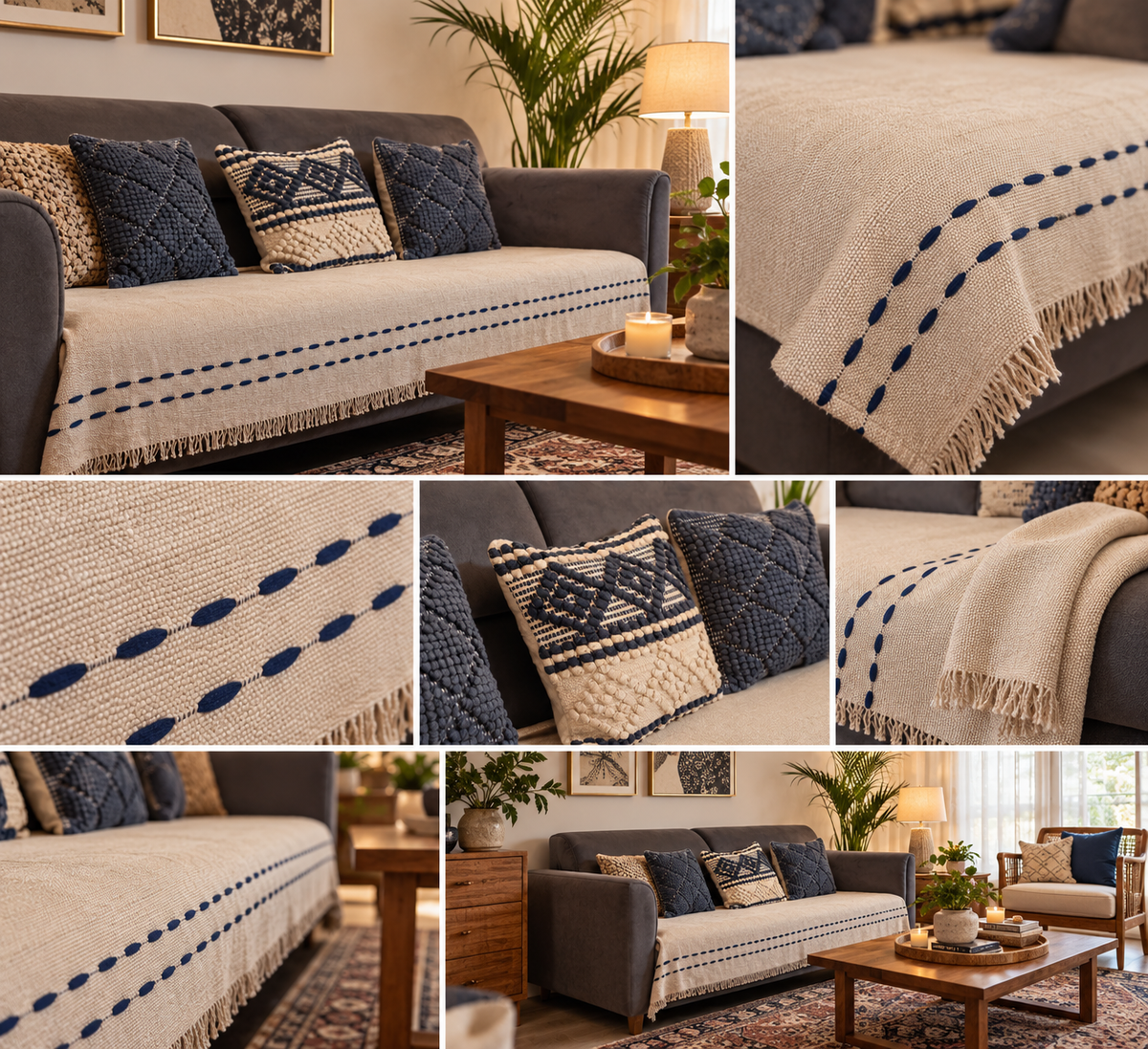 Handloom Throw with Royal blue Thread Work & Fringe | Soft Off-White Jute Cotton Sofa Cover