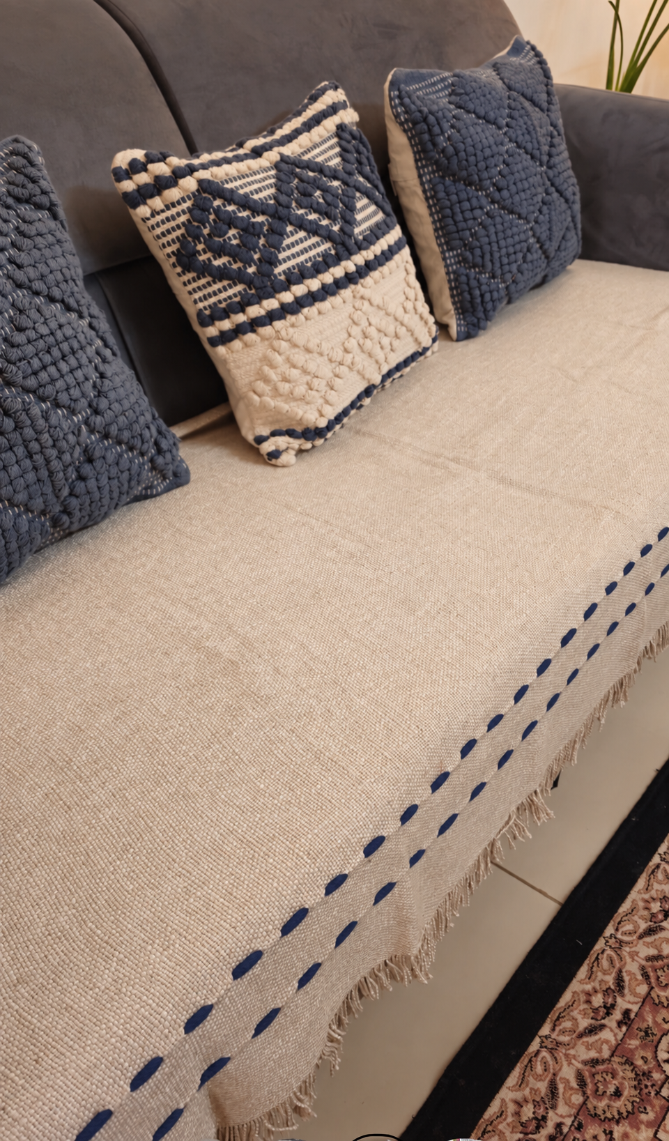 Handloom Throw with Royal blue Thread Work & Fringe | Soft Off-White Jute Cotton Sofa Cover
