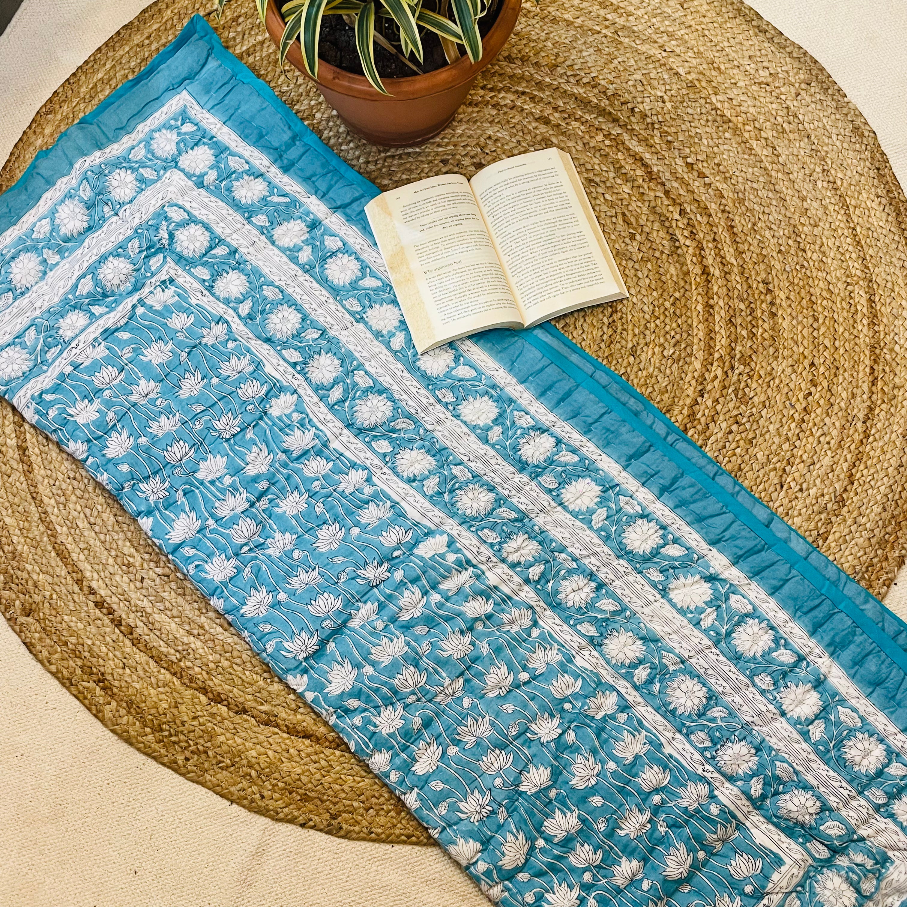 Baby Jaipuri Quilt (Razai) | Sky Blue & White Handblock Printed Lotus Cotton Blanket