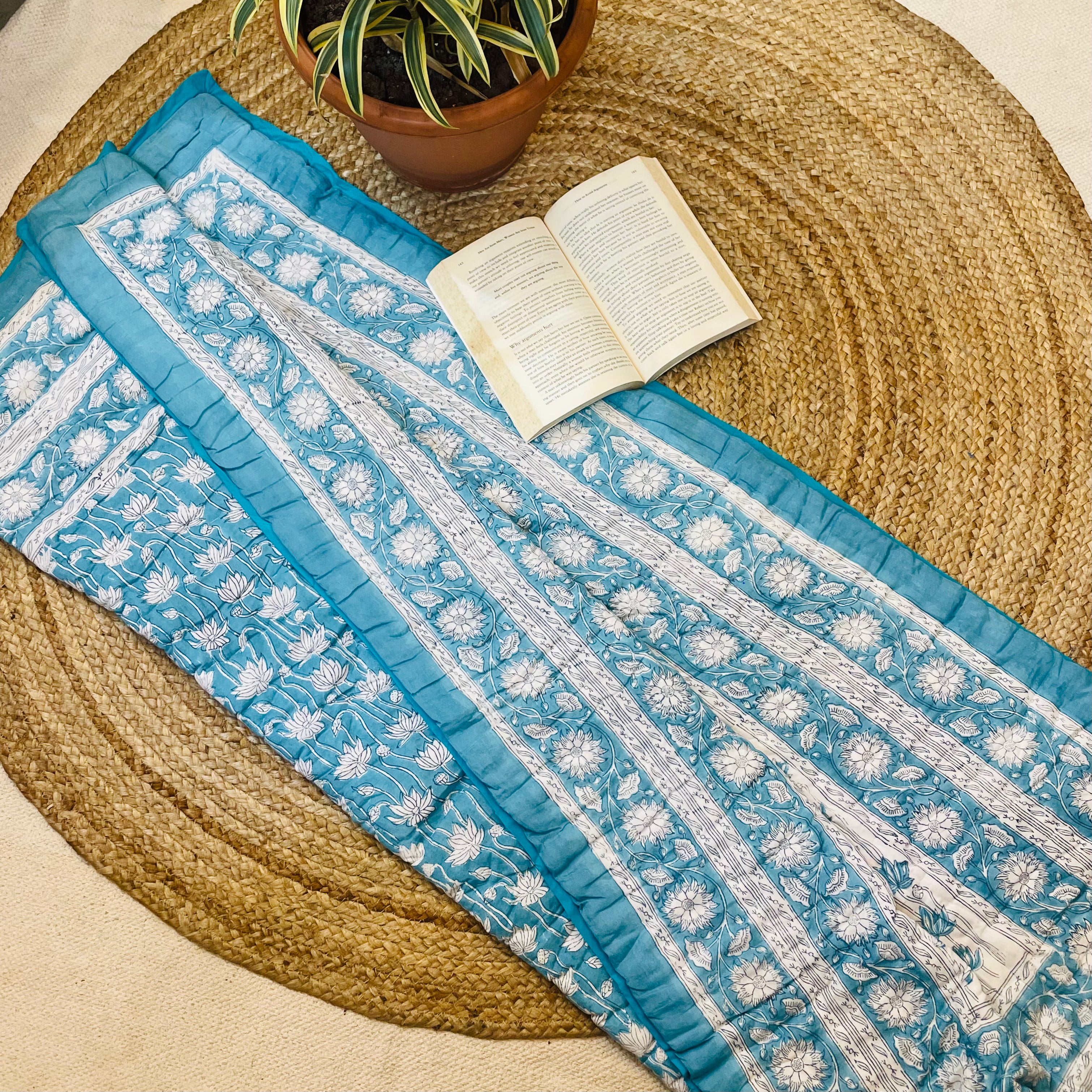 Baby Jaipuri Quilt (Razai) | Sky Blue & White Handblock Printed Lotus Cotton Blanket
