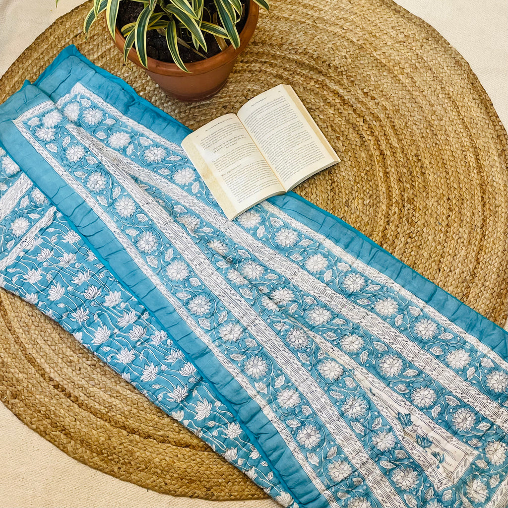 Baby Jaipuri Quilt (Razai) | Sky Blue & White Handblock Printed Lotus Cotton Blanket