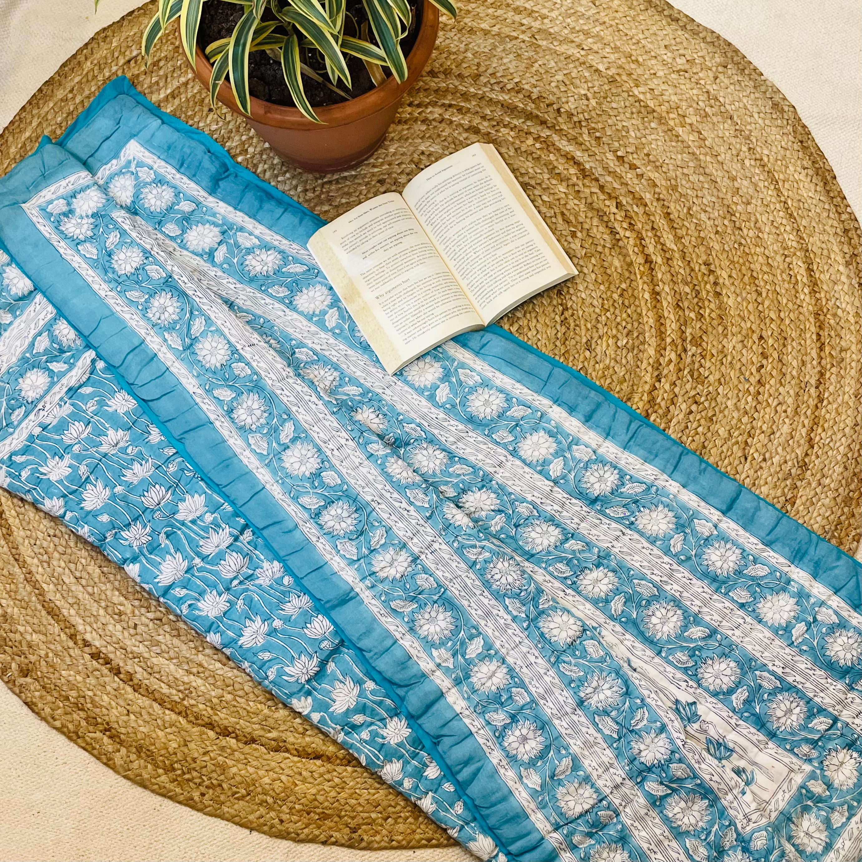 Baby Jaipuri Quilt (Razai) | Sky Blue & White Handblock Printed Lotus Cotton Blanket