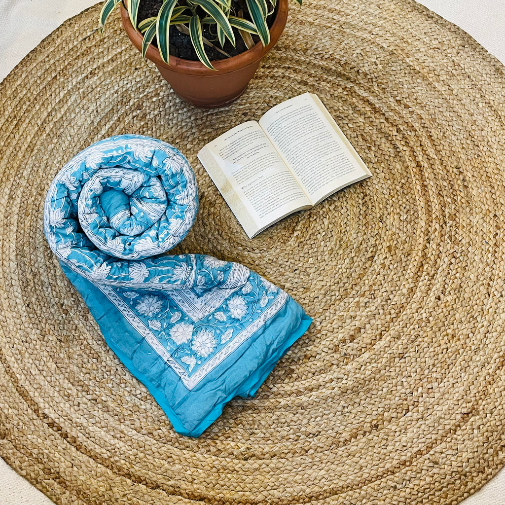 Baby Jaipuri Quilt (Razai) | Sky Blue & White Handblock Printed Lotus Cotton Blanket