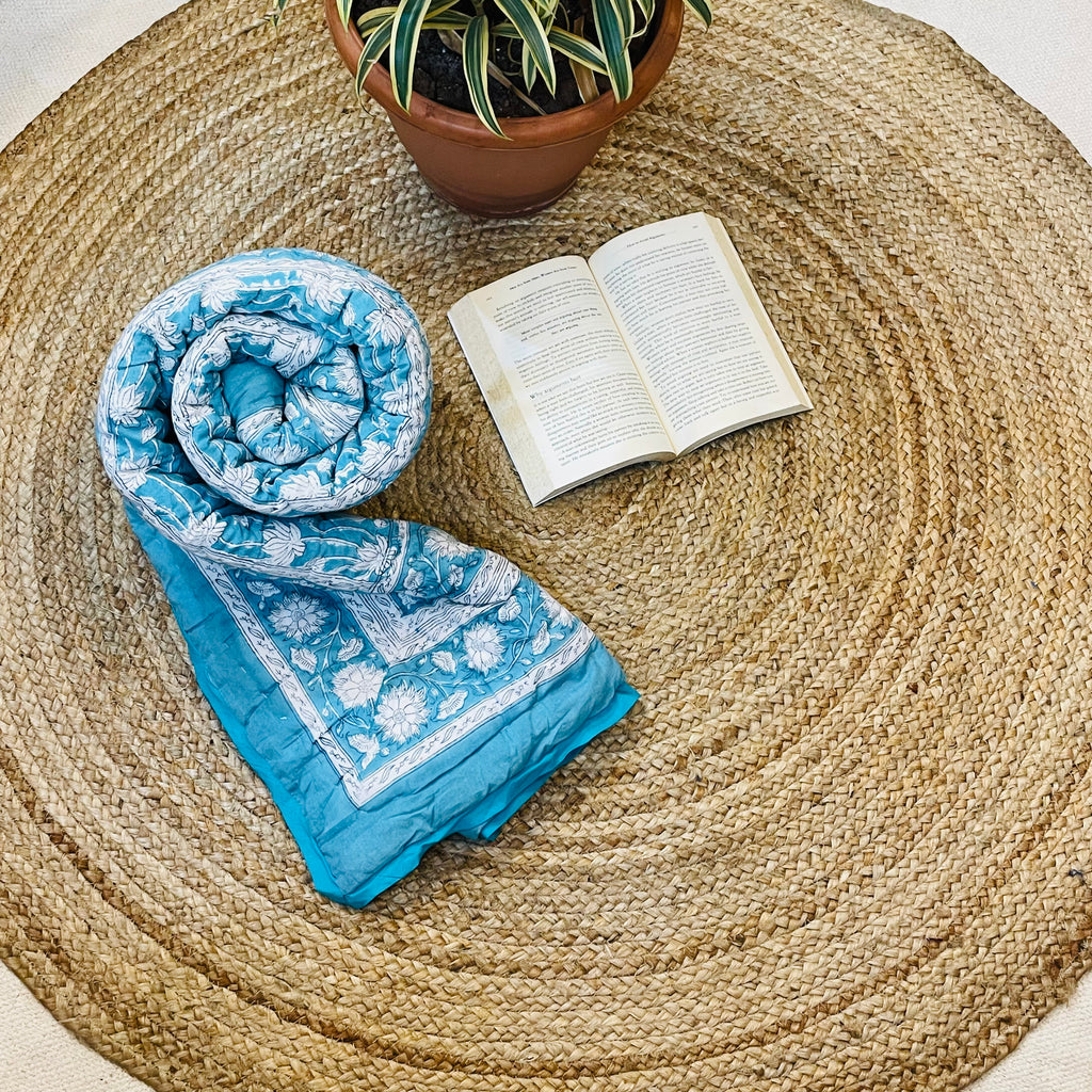 Baby Jaipuri Quilt (Razai) | Sky Blue & White Handblock Printed Lotus Cotton Blanket