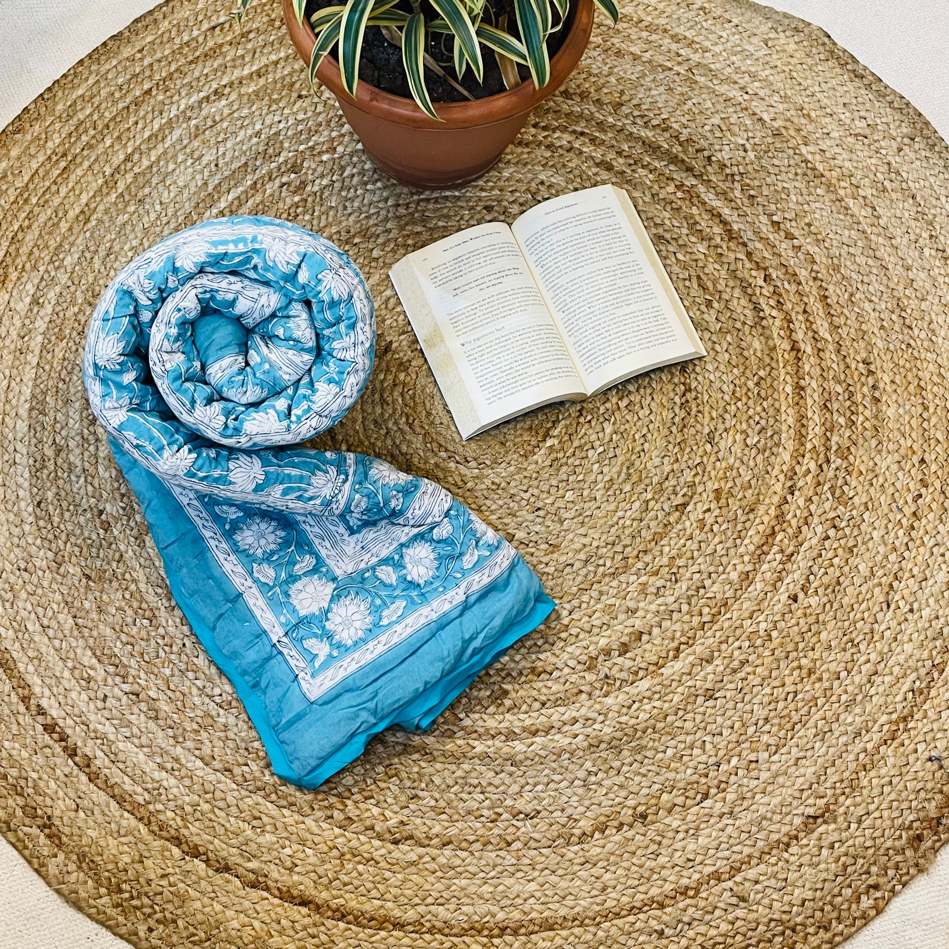 Baby Jaipuri Quilt (Razai) | Sky Blue & White Handblock Printed Lotus Cotton Blanket