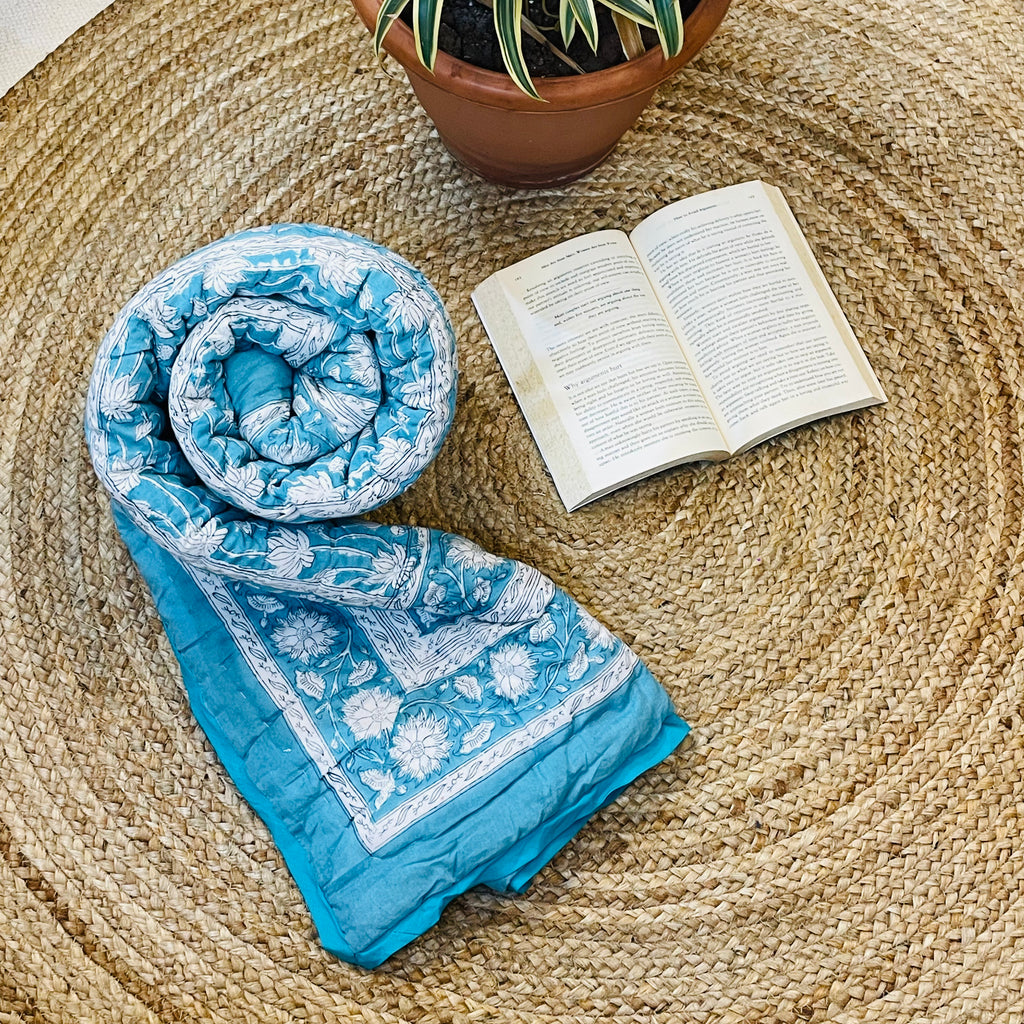 Baby Jaipuri Quilt (Razai) | Sky Blue & White Handblock Printed Lotus Cotton Blanket