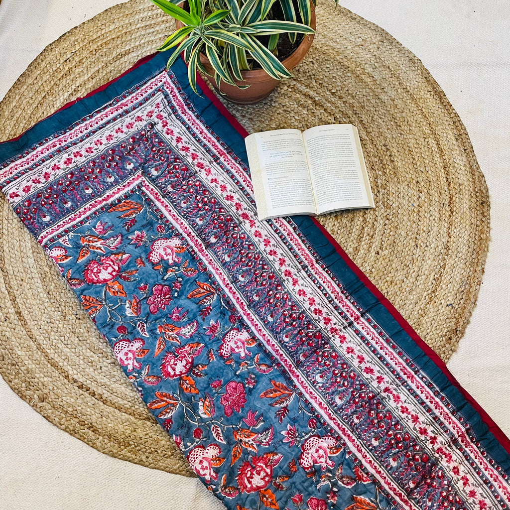 Red And Navy Blue Floral Print Super Soft Baby Quilt With Plain Red Border